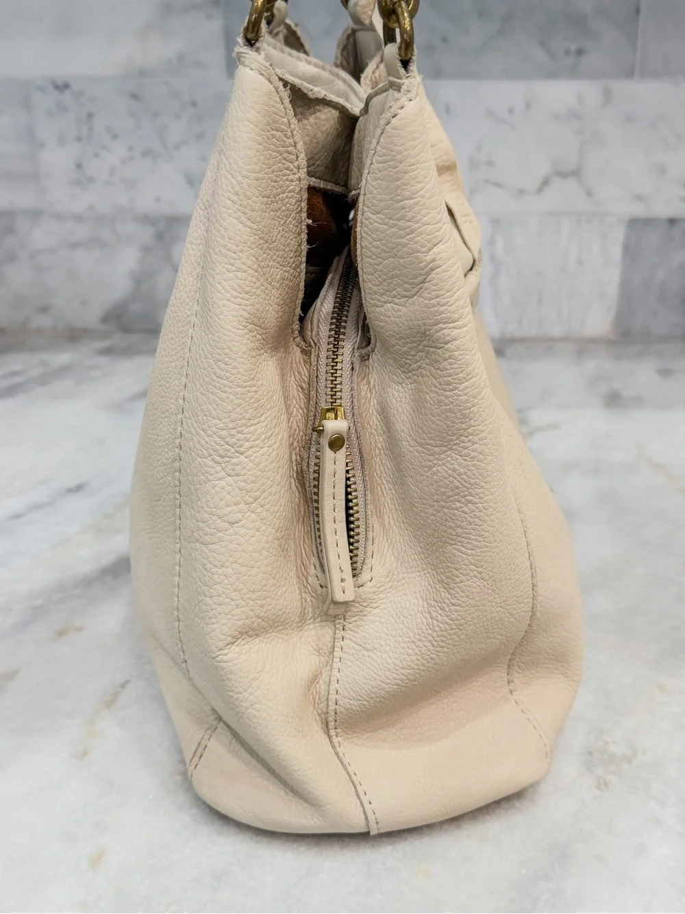 American Leather Co Austin Triple Entry Pebbled Leather Bucket Bag